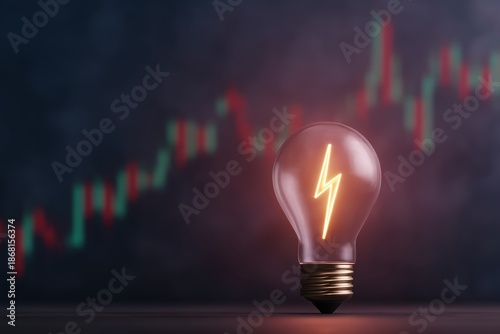 energy stock power trading concept. Light bulb with a lightning bolt symbol against a backdrop of a financial graph.