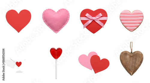Heart shape set including paper, felt, gift box, cookie, envelope, lollipop, and wood variants. Valentines day and love symbols collection.