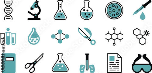 biotech icons DNA helix, microscope, lab flask, Petri dish, pipette drop, molecular structure,
