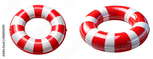  Realistic 3d red and white inflatable swim ring isolated on transparent background PNG.