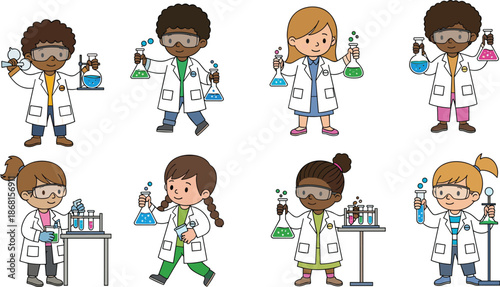 Set of Diverse School Children Cartoon Characters Wearing Lab Coats and Goggles Conducting Science Experiments Isolated Flat Vector Illustration Set