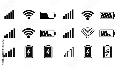 Mobile signal wifi and battery icons in a simple black silhouette