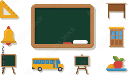 reate classroom icons blackboard, chalk piece, ruler, student desk, teacher pointer, school bell, assembly hall, school bus, art easel, lunch tray