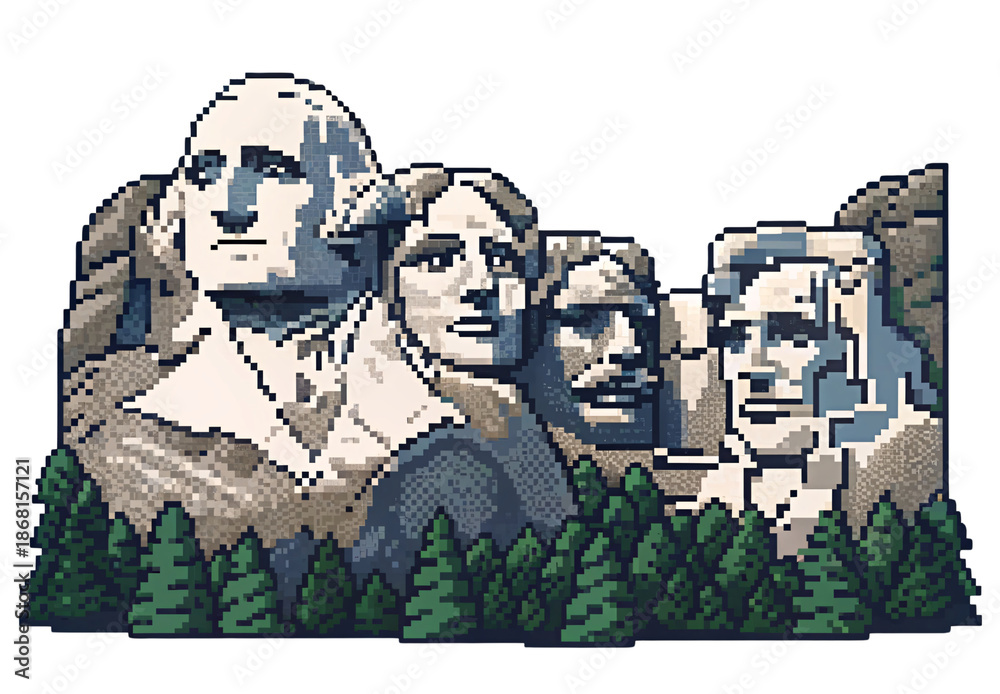 Naklejka premium Pixel art Mount Rushmore monument with evergreen forest, isolated on a transparent background