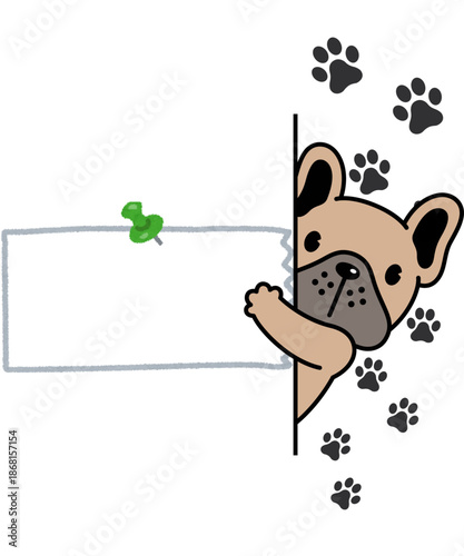 Adorable cartoon French bulldog peeking from behind a blank message board secured with a green pushpin, ready for content.