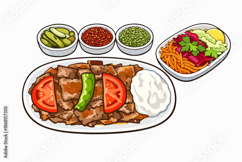 Appetizing Doner Plate Decorated with Tomato and Pepper Garnish.