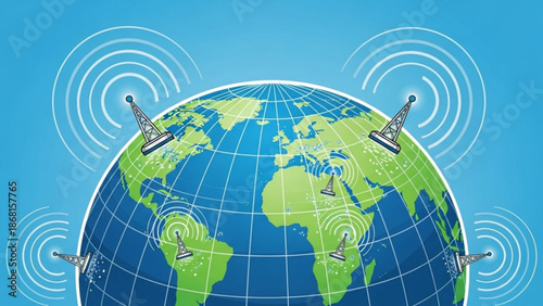 Global communication network with antennas on Earth representing worldwide connectivity and data transmission digital illustration