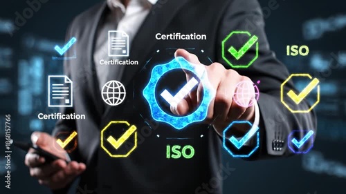 Professional managing a digital certification system for ISO standards and quality management, ensuring business compliance, accreditation, and operational excellence for global markets and trusted...
