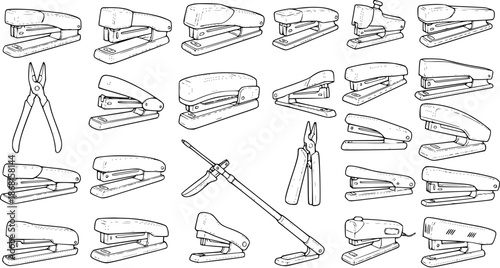 Black and White Hand-Drawn Doodle Style Line Art Vector Illustration Set of Assorted Staplers and Pliers, Office and Stationery Supplies Collection