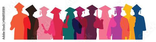 Overlapping Silhouettes of Happy College Students Celebrating Graduation.