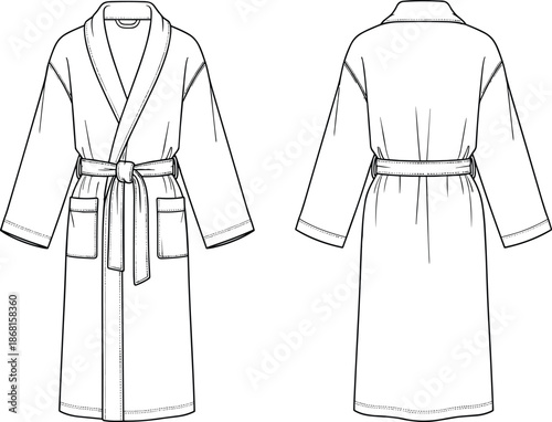 Unisex Cotton Terry Bathrobe Fashion Technical Drawing Set Front and Back View CAD Template Flat Vector Illustration for Apparel Design