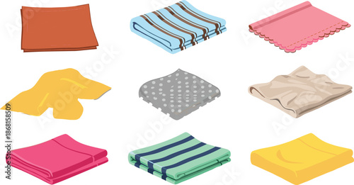 Vector Illustration Set of Folded Hand Towels and Textile Fabrics Featuring Various Colors Stripes Polka Dots and Soft Cotton Textures