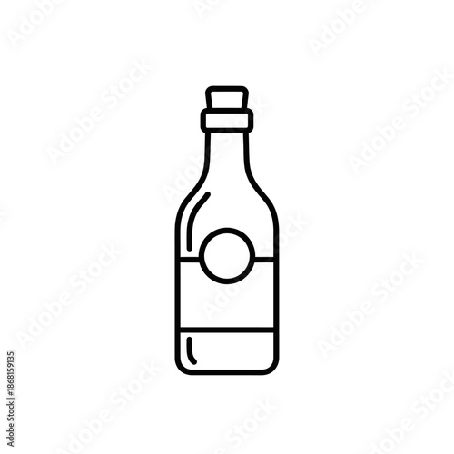 Simple line art icon of a glass bottle with a cork stopper and blank label on white background
