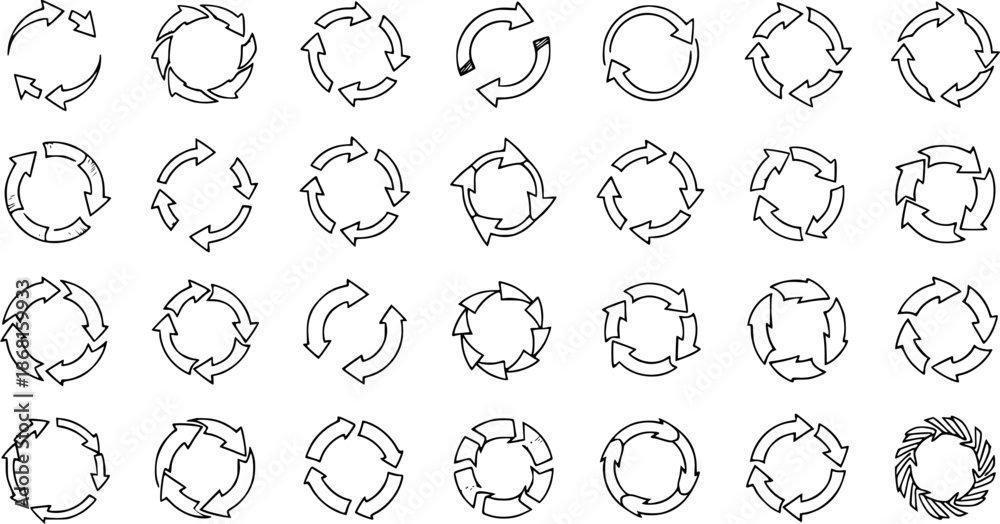 Fototapeta premium Collection of diverse circular arrow icons, symbols, and elements, depicting refresh, reload, recycle, loop, rotation, and process concepts, in various styles and numbers, isolated on white.