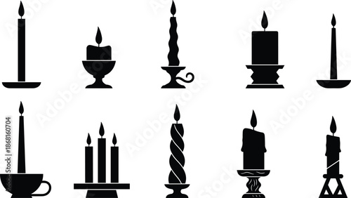 Black candle silhouettes set, decorative wax candles, vintage holders, burning flames, minimalist icons, isolated on white background