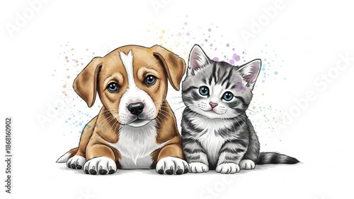 Adorable puppy and kitten friends together in colorful harmony