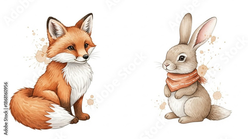 Cuddly forest friends fox and rabbit in cute illustration