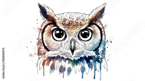 Vibrant owl portrait with colorful watercolor splashes on white