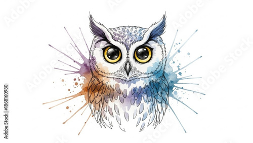Vibrant owl portrait with colorful paint splashes on white background