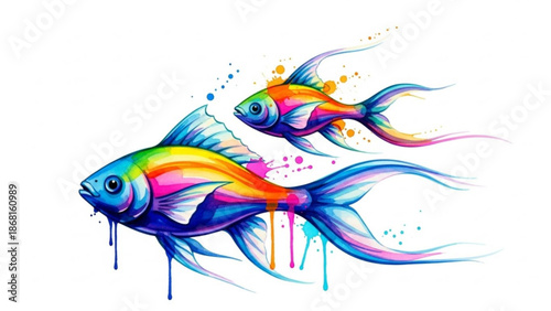 Vibrant rainbow fish swimming together in colorful paint splatter