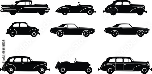 Classic vintage car silhouettes, retro automobile icons collection, black classic vehicles, old cars design, transportation history illustration set