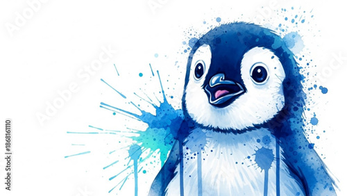 Adorable penguin with vibrant blue paint splashes on white background