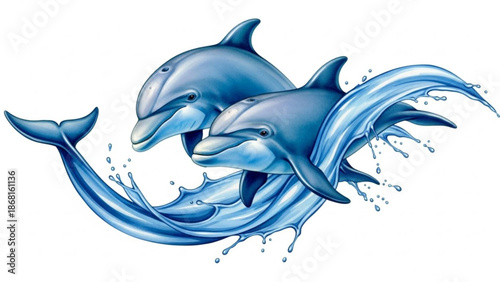 Two playful dolphins swimming together in ocean waves