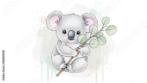 Cute koala holding eucalyptus branch with joyful expression