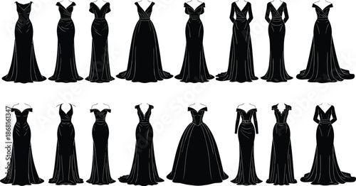 Elegant evening gown silhouettes, luxury fashion dress collection, formal women apparel designs, bridal and gala wear vector illustration set