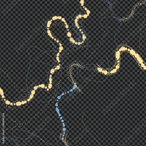 Abstract glowing light trails and particles forming winding paths in dark space