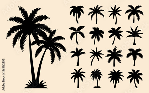 Collection of various palm tree silhouettes in different sizes and shapes.