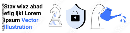 Strategy, cybersecurity, growth, innovation, protection, nurturing. Chess knight, shield with lock watering can. Strategy and cybersecurity with thoughtful elements for conceptual use