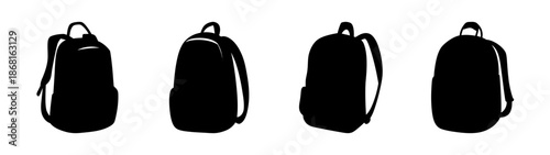 Four black backpacks displayed from different angles for product showcase