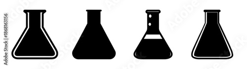 Collection of four black chemical flask icons simple laboratory glassware symbols