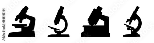 Set of four black silhouette microscopes various designs science research laboratory equipment icons