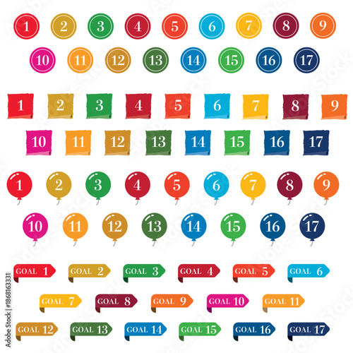 SDGsカラーを使ったアイコンセット。白背景にベクターイラスト。