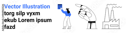 Digital transformation, user interface, manufacturing, teamwork, innovation, progress. Woman holding device, pointing hand factory line art. Digital transformation and user interface