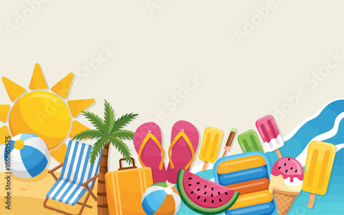 Colorful beach scene with summer treats and accessories.