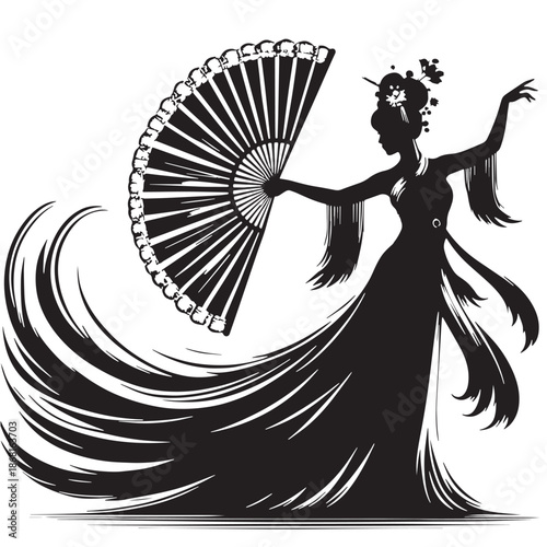 Black Traditional Fan Dancer Silhouette Vector, High Quality Illustration on White Background