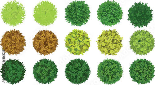 Green topiary bush collection vector illustration, colorful round garden shrubs set, decorative landscaping foliage elements isolated on white background