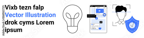 Digital security, privacy protection, online authentication, identity verification, social media privacy, app development. Features a shield, user profile mobile interface and a light bulb. Digital