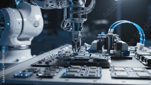 Robotic assembly machine soldering electronic circuit board with precision robotic arm placing microchip and electronic component printed circuit board clean factory assembly automation environment