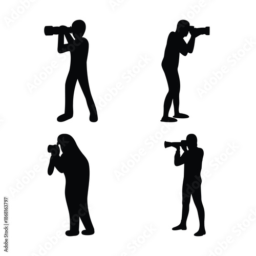 Silhouettes of four photographers capturing moments with their cameras and telephoto lenses
