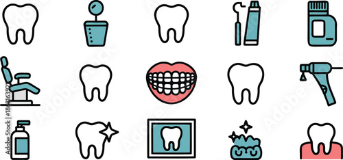 dental care icons tooth outline, dental mirror, floss container, toothpaste tube, dentist chair, braces smile, dental drill, x-ray film, mouthwash bottle, gum massager