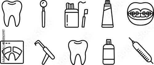 dental care icons tooth outline, dental mirror, floss container, toothpaste tube, dentist chair, braces smile, dental drill, x-ray film, mouthwash bottle, gum massager