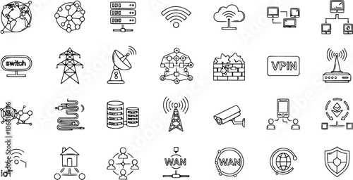 Networking, Internet, IoT, and IT Infrastructure Line Icons Set. Data, Cloud, Security, and Communication Technology Vector Symbols.