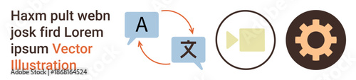 Language translation, speech recognition, multimedia tools, machine learning, technology integration, automation. Speech bubbles, video play icon gear symbol. Language translation and speech