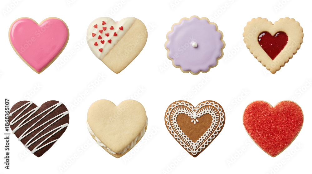 Obraz premium Heart sugar cookie set including frosted, glazed, jam filled, and chocolate dipped variants. Valentine's Day and holiday bakery collection.