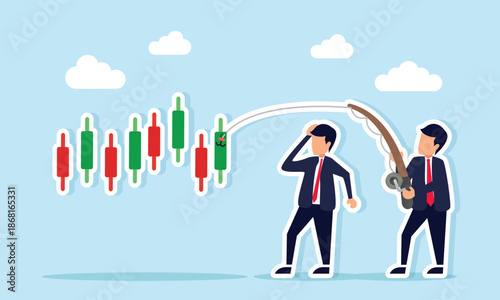 Businessman feeling confused while another businessman fishes a candlestick part illustrating two sides of the stock market profit taking and loss