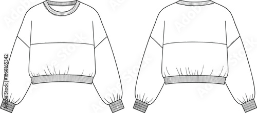 Men sweatshirt front and back technical flat sketch CAD drawing vector illustration for fashion apparel design production template outline specification